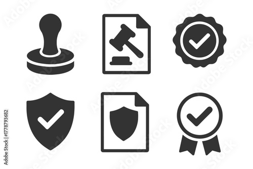 Official icons collection featuring stamp, gavel, badge, shield, checkmark, and certificate.