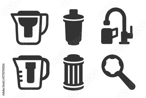 Water filtration and kitchen appliances icons: pitcher, shaker, faucet, trash bin, magnifying glass.