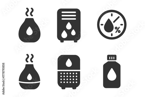 Set of humidity control icons featuring humidifiers and hygrometer.