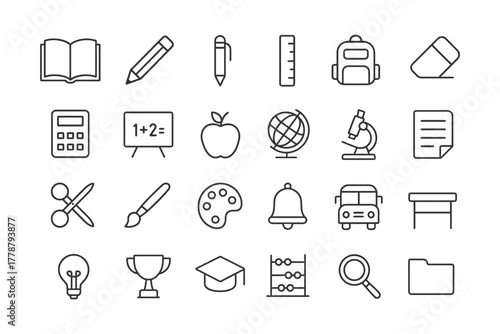 School icon set featuring educational tools and symbols.