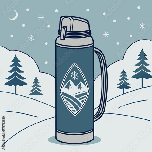 A thermos with a winter landscape in vector art