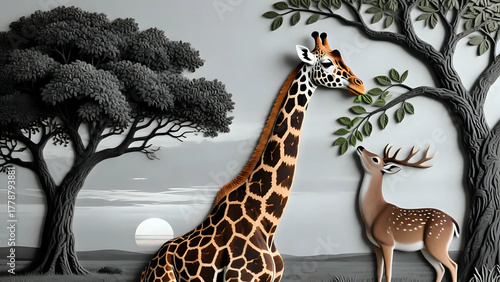 Deer and giraffe trying to eat leaves from a tree 