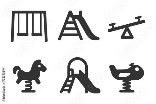 Playground equipment icons: swings, slide, seesaw, rocking horse, climbing frame.