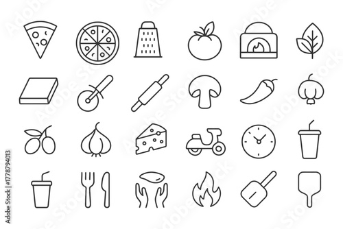 Outline icons of pizza, cooking tools, food ingredients, and kitchen items.