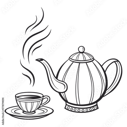 Teapot and teacup with steam