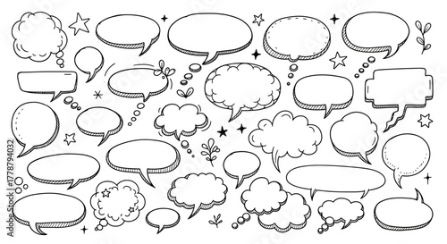 Collection of hand drawn speech bubbles and thought bubbles with stars and dots for communication concepts