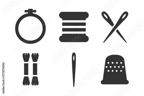 Sewing tools icons: hoop, thread, needles, floss, thimble, stitching essentials.