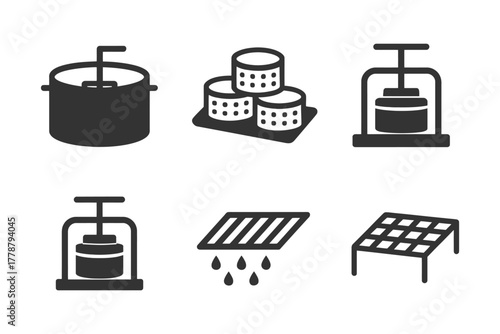 Cheese production process icons: tools and equipment for dairy processing.