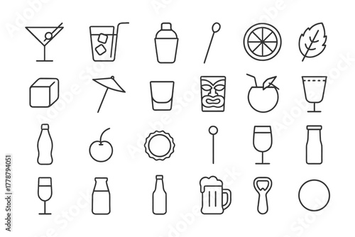 Collection of drink icons featuring glassware, garnishes, and decorative elements.