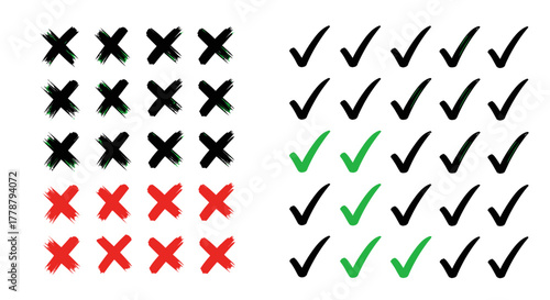 Hand drawn checkmarks and crosses in black green and red on a white background for decision making and evaluation