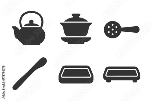 Tea set silhouettes: kettle, teacup, spoon, and more in black icons.
