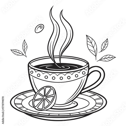 A cup of hot tea with lemon and leaves