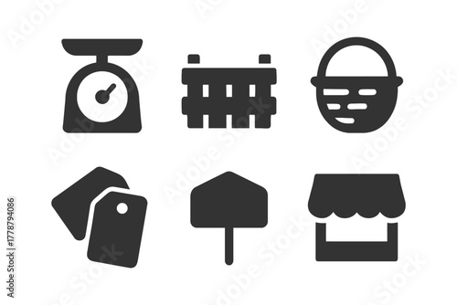 Silhouette icons of scale, basket, tags, sign, and market stall.