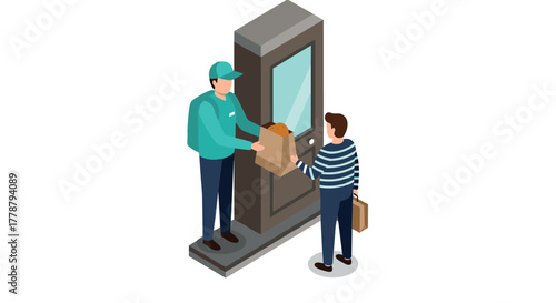 Isometric delivery service concept with courier handing package to customer at doorstep