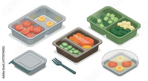 Modern isometric healthy meal prep containers with balanced ingredients