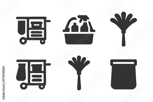 Cleaning tools icon set: trolley, spray bottles, feather duster, basket.
