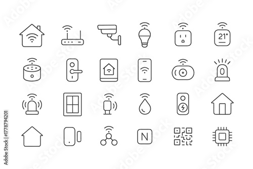Smart home technology icons: automation, security, energy efficiency, connectivity.