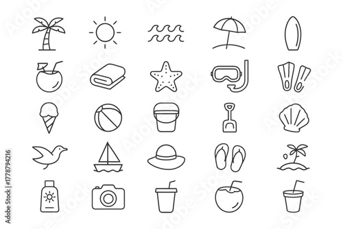 Beach vacation icons: sun, surfboard, coconut drink, snorkel, seashell, camera, sunglasses.