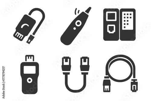 Digital connectivity devices icons: cables, remote, tester, plug, ethernet.