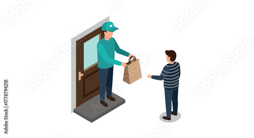 Isometric home delivery scene featuring courier handing package to customer at doorstep