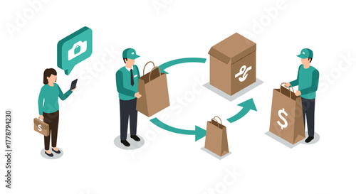 Isometric delivery illustration efficient online shopping and package exchange concept