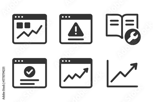 Analytics icons: growth, warning, and chart symbols for data visualization.