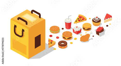 Isometric fast food delivery concept with burgers, pizza, and desserts