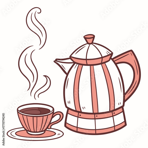 Coffee pot and cup with steam, cozy illustration