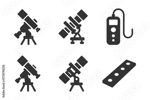 Telescope and optical equipment icons set.