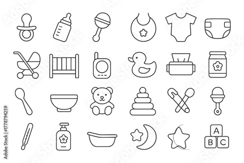 Collection of baby essentials icons: pacifier, bottle, toy, crib, diaper, and more.