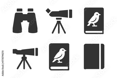 Birdwatching tools: binoculars and telescopes with bird guidebooks icons set.