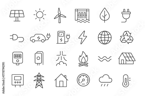 Eco-friendly energy icons: solar, wind, electric, and more with sustainable symbols.