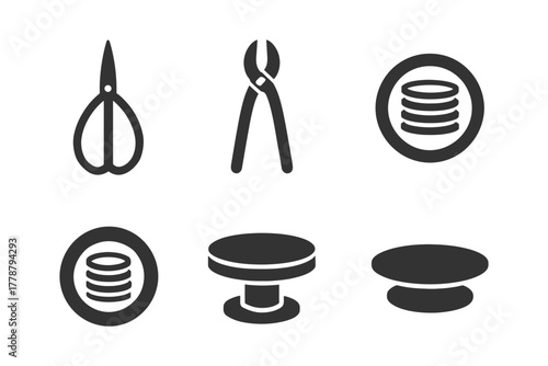 Monochrome icons set: scissors, pliers, coins, and platforms.