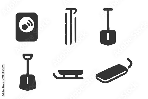 Winter sports icons: shovel, sled, poles, toboggan, avalanche beacon, probe.