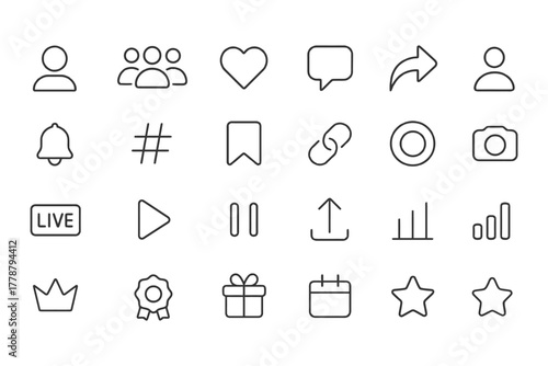 Set of minimalist social media and user interface icons.