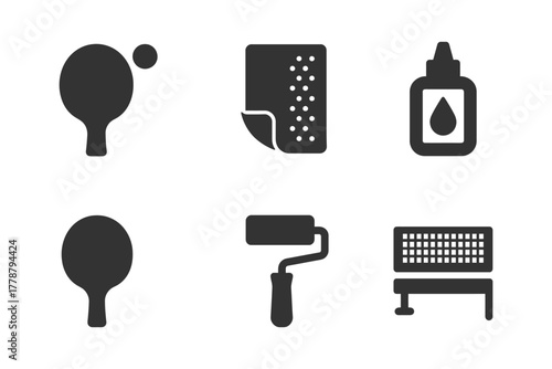 Table tennis equipment icons: paddle, ball, glue, sandpaper, roller, net.