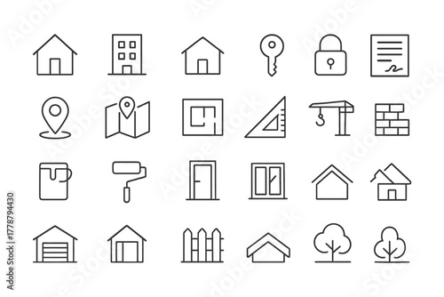 Home and construction icons: house, keys, map, plan, tools, lock, fence, trees.