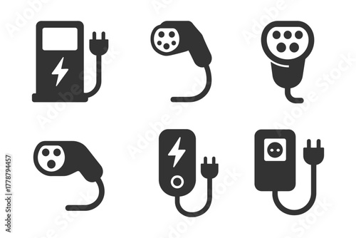 Electric vehicle charging icons set with plugs and stations.