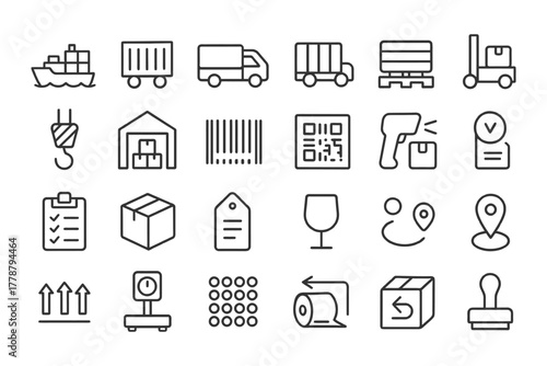 Line art shipping and logistics icons: warehouse, barcode, packaging, transport.