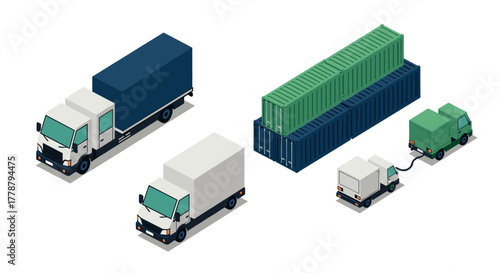 Isometric trucks and containers set for shipping and logistics design