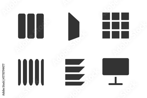 Minimalist interface icons set: menu, angle, grid, lines, layers, monitor.