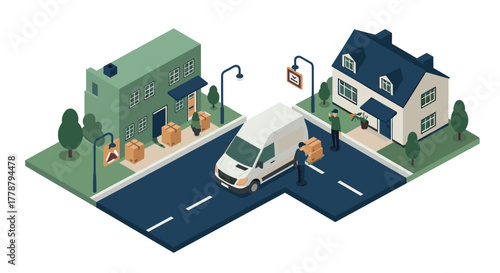 Isometric urban delivery scene with houses and couriers