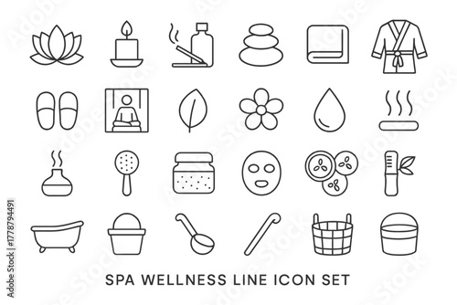 Spa wellness line icon set: relaxation and therapy symbols.