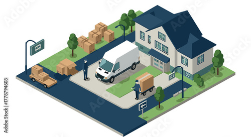 Isometric residential delivery scene with delivery workers and parked van in a neighborhood setting