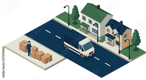 Isometric delivery scene with van and worker on suburban street with houses