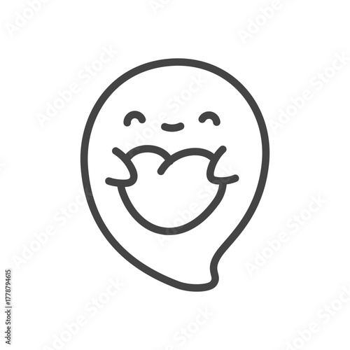 Cute ghost icon. Funny little ghost character holding big heart in hands. Monochrome doodle illustration isolated on white background. Kawaii sticker. Vector 10 EPS.