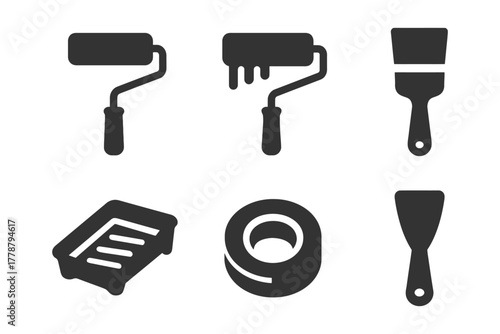 Silhouette collection of paint rollers, brushes, and tools for painting projects.