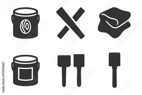 Set of black silhouette kitchen icons: jar, mixer, rolling pin, spatulas.