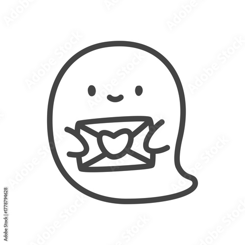 Cute ghost with love letter icon. Funny little ghost character holding envelope with heart seal. Monochrome doodle illustration isolated on white background. Kawaii sticker. Vector 10 EPS.