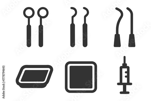 Dental equipment icons featuring mirrors, probes, syringe, and tray.